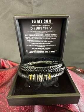 Men’s Black Braided Leather Bracelet with Metal Accents